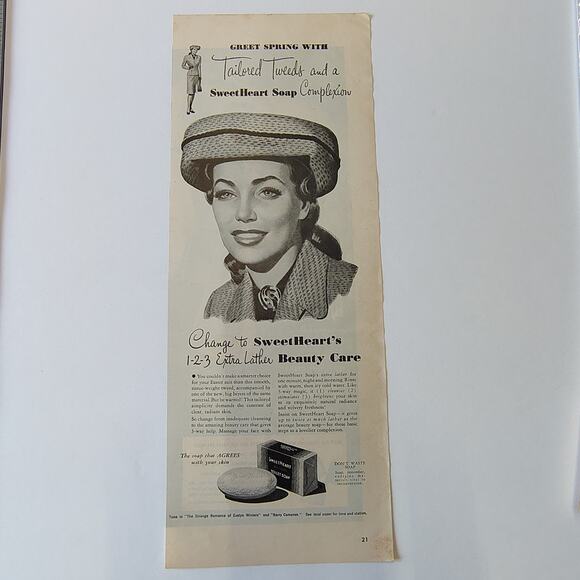 1946 SweetHeart Soap Print Ad MCM Woman in Hat Midcentury Beauty Care Routine - Picture 8 of 9